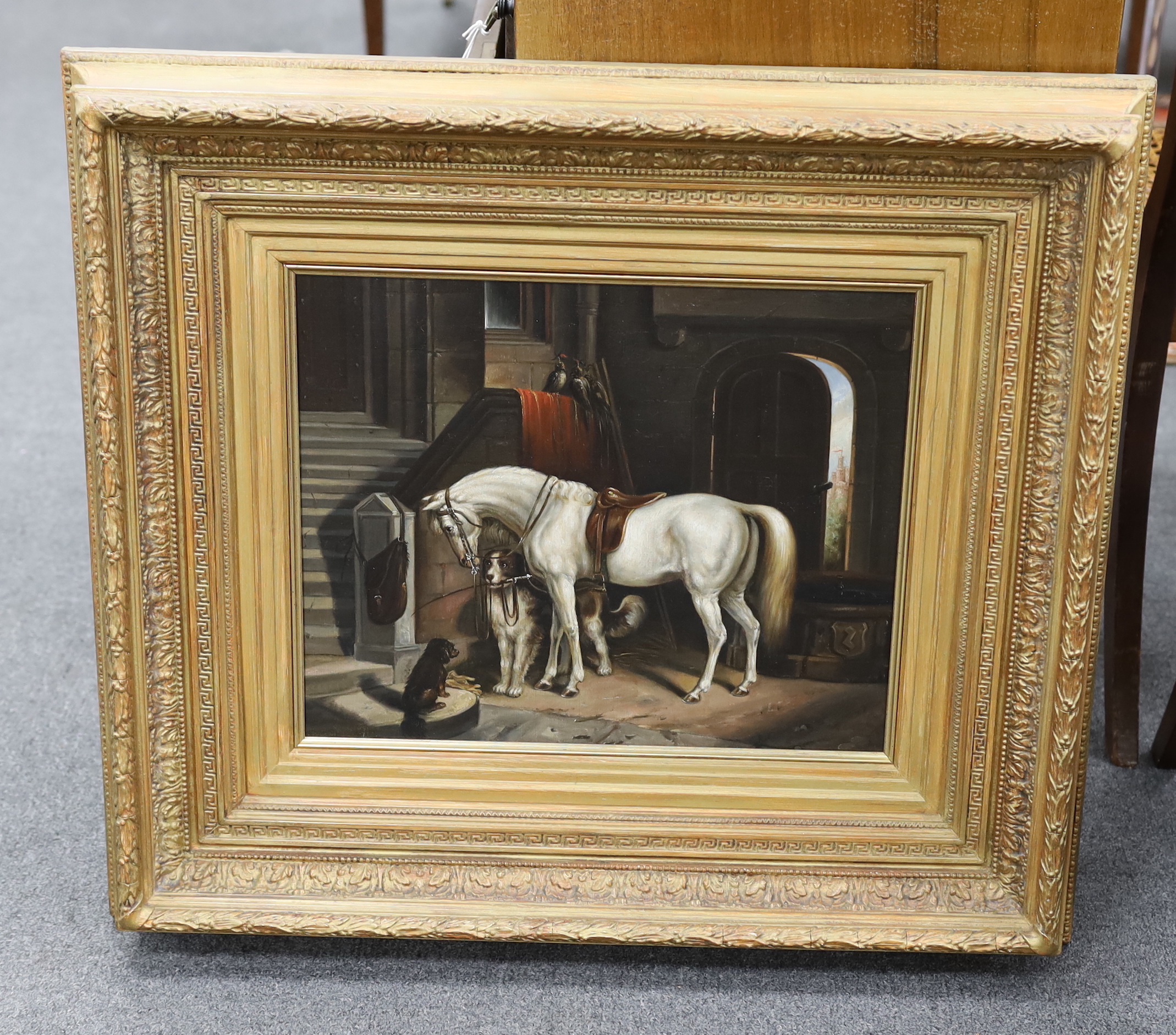 After John Frederick Herring (1795-1865) oil on canvas, mare and hounds in stable interior, 42cm x 34cm